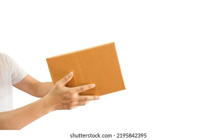 Delivery Man Hand Holding Parcel Cardboard Box Isolated On White Background. Online Shopping And Delivery Transport 