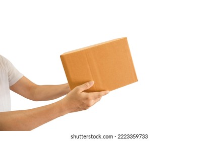 Delivery man hand holding parcel cardboard box isolated on white background. Online shopping and delivery transport 