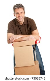 Delivery Man With Hand Truck And Stack Of Boxes