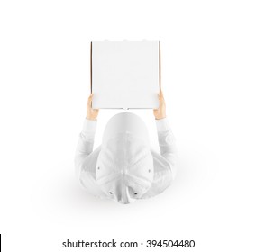 Delivery Man Holding Blank Pizza Box Mockup In Hand Isolated On White, Top View. Deliver Guy In Clear Uniform Hold Meal Box Mock Up. Fast Food Packaging Template. Pizzeria Company Identity Branding.