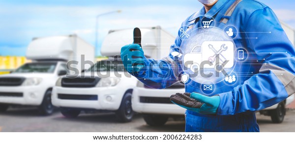 Delivery man holding fast truck express\
delivery and service icon, Online delivery service concept, online\
order tracking, delivery at home and\
office.