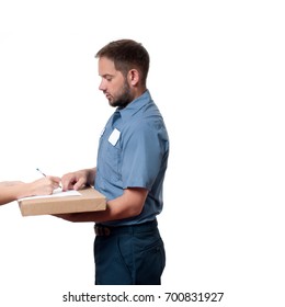 Delivery man holding a parcel while woman putting signature in clipboar.  Courier service concept