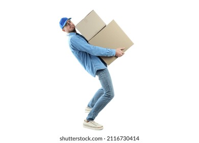 Delivery Man Holds Heavy Boxes, Isolated On White Background