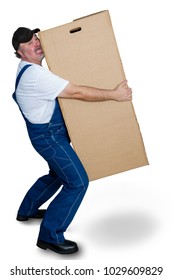 Delivery Man Lifting Heavy Cardboard Box Against White Background