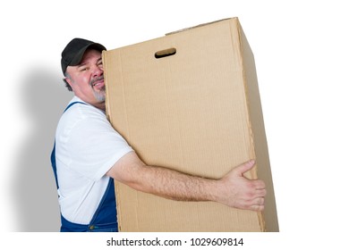 Delivery Man Lifting Large Heavy Cardboard Box Against White Background