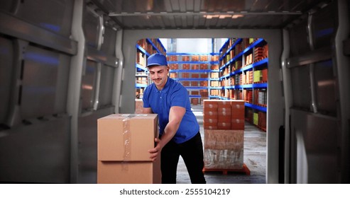 Delivery Man Loading Van In Logistics Warehouse