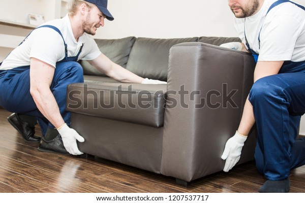 Delivery man move furniture carry sofa for\
moving to an apartment. professional worker of transportation, male\
loaders in overalls