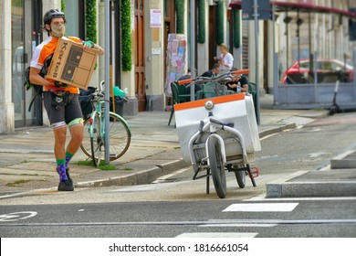 Delivery Man On Ecological Cargo Bike Turin Italy September 16 2020