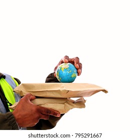 Delivery Man With A Parcel For A Customer With Small Globe Stock Photo