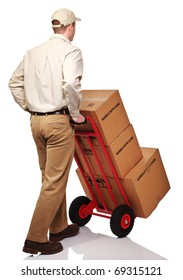 delivery man with parcel rear view isolated on white