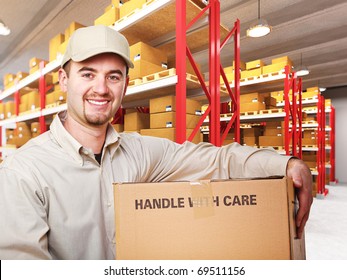 delivery man with parcel in warehouse 3d background