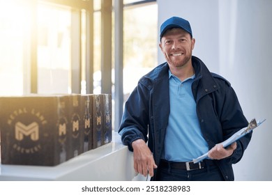 Delivery man, portrait and smile with clipboard for beer stock and brewery supplier inventory with service. Courier, parcel and happy with confidence, boxed and worker with order paperwork at job - Powered by Shutterstock