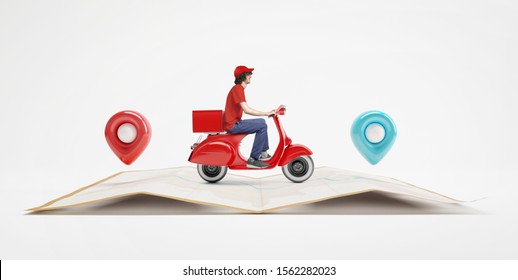 Delivery Man With Red Uniform Driving Scooter On Paper Map With Red And Blue Location Pin.