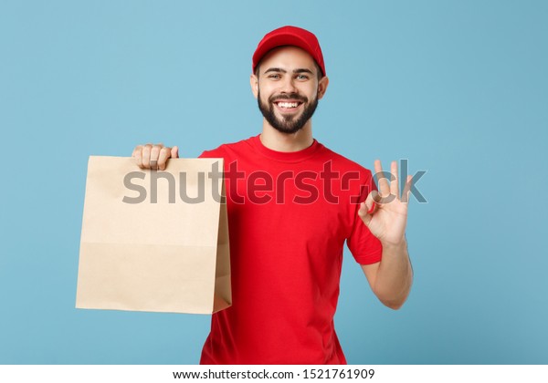 Download Delivery Man Red Uniform Hold Craft Stock Photo (Edit Now) 1521761909