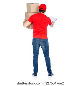 Delivery Man In Red Uniform Holding Box Package Back View Isolated On White Background