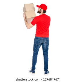 Delivery Man In Red Uniform Holding Box Package Back View Isolated On White Background