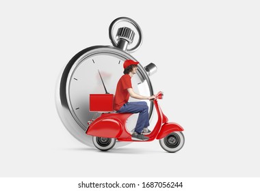 Delivery Man With Red Uniform With Watch Background Mockup. Delivery Service App.