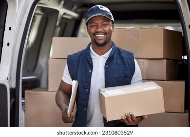 Delivery man, transport and black man with a box and smile outdoor for shipping or courier service. Portrait of happy african person or driver with cardboard package at van from commercial supplier - Powered by Shutterstock