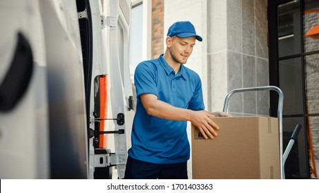 Delivery Man Uses Hand Truck Trolley Full of Cardboard Boxes and Packages, Loads Parcels into Truck / Van. Professional Courier / Loader helping you Move, Delivering Your Purchased Items Efficiently