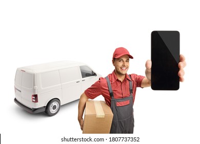 Delivery Man With A Van Holding A Box And A Mobile Phone Isolated On White Background 