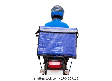 Delivery Man Wearing Blue Uniform Riding Motorcycle And Delivery Box. Motorbike Delivering Food Or Parcel Express Service Isolated On White Background