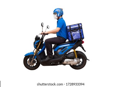Delivery man wearing blue uniform riding motorcycle and delivery box. Motorbike delivering food or parcel express service isolated on white background