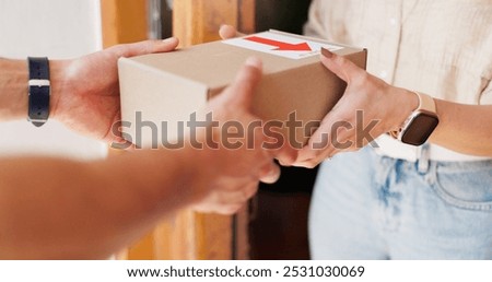 Delivery man, woman and hands with box in home for online shopping order, parcel distribution and safe cargo. Logistics, supply chain or customer with courier service at front door for ecommerce sale