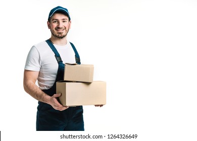 Delivery Person. Asian Postman With Parcel Box. Postal Delivery Service. White Background.