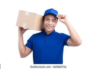 Delivery Person. Asian Postman With Parcel Box. Postal Delivery Service. White Background.