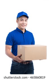 Delivery Person. Asian Postman With Parcel Box. Postal Delivery Service. White Background.