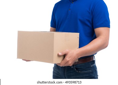 Delivery Person. Asian Postman With Parcel Box. Postal Delivery Service. White Background.