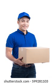 Delivery Person. Asian Postman With Parcel Box. Postal Delivery Service. White Background.