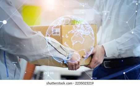 Delivery person handing over luggage. International shipping network concept.