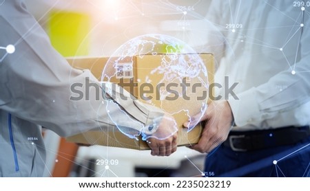 Delivery person handing over luggage. International shipping network concept.