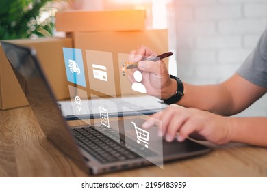 Delivery Process On Laptop Virtual Screen Concept : Close Up Hand A Man Use A Pen Mark Smart Check Box Of Customer Review Satisfaction Feedback Survey,Delivering Parcels To Customers Safely In Process