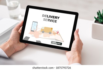 Delivery Service App Opened On Digital Tablet In Female Hands, Unrecognizable Woman Using Tab Computer For Tracking Shipping Location, Enjoying Shopping And Modern Logistic, Creative Collage, Closeup