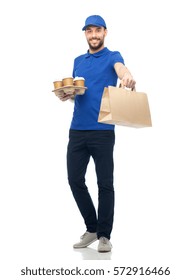 Delivery Service, Fast Food And People Concept - Happy Man With Coffee And Disposable Paper Bag