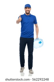 delivery service, gesture and people concept - happy man or courier with bottle of water