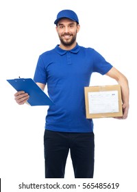 Delivery Service, Mail, Logistics, People And Shipping Concept - Happy Man With Parcel Box And Clipboard