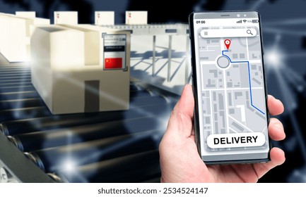 Delivery service mobile application. Card for tracking courier in your phone. Boxes with Chinese flag on conveyor belt. Delivery of parcels from China. Delivery route in phone in human hand - Powered by Shutterstock