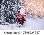 Delivery service Santa Claus on snowmobile motorcycle through snow background forest. Concept fast delivering gifts for Christmas and New Year holiday.