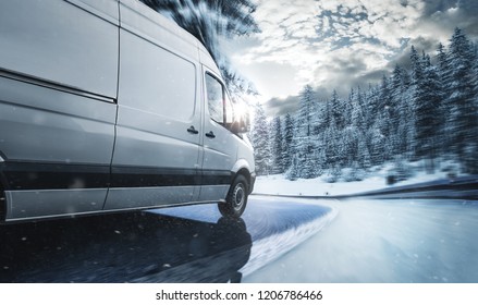 Delivery truck on snowy country road