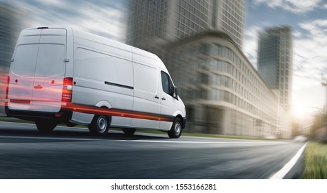 Delivery van delivers fast in a city - Shutterstock ID 1553166281