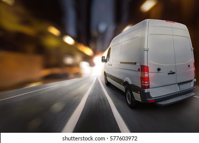 Delivery van at night in a city