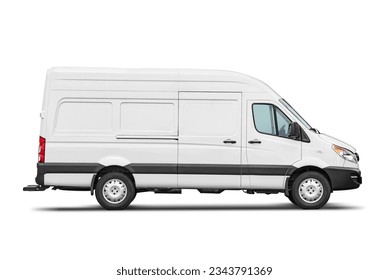 Delivery van side view isolated on a white background. Side view of a modern blank cargo short-base minibus. - Shutterstock ID 2343791369