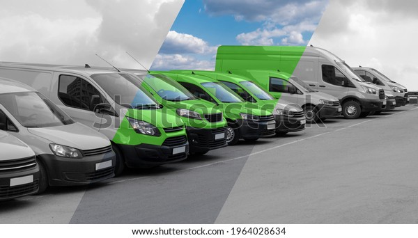 Delivery vans in a row. The band makes them\
green. Clean transportation\
concept