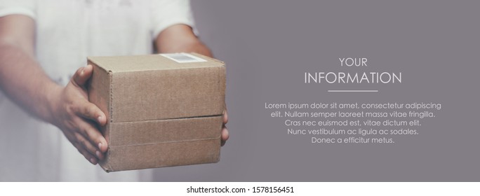 Deliveryman hold parcel box. Freight transportation. Express delivery. Web article template. Long header banner format. Sale coupon. Visit card. Your information. Text space.