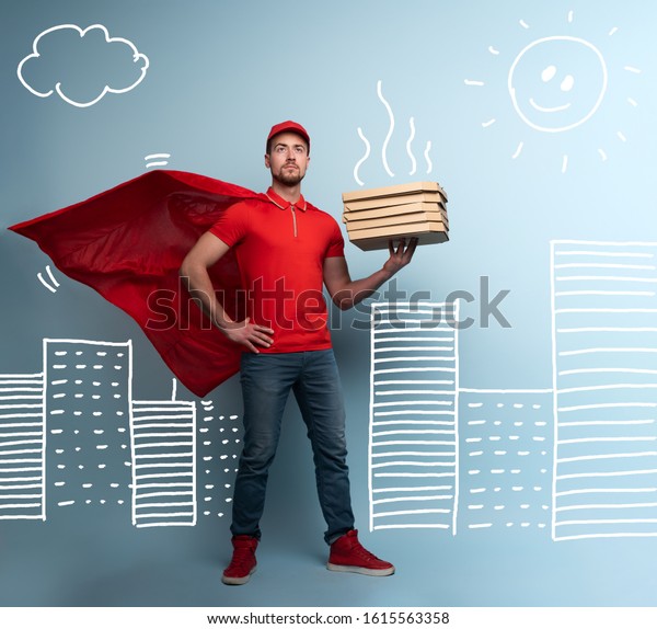 Deliveryman Pizzas Acts Like Powerful Superhero Stok Fotoğrafı (Şimdi