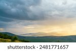 Delphi, Greece. Clouds with rain over the valley. Northern coast of the Gulf of Corinth, Itea Bay