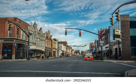 Delphos, OH, December 23, 2020, Small Town Main Street With Rows Of Shops, Restaurants And Businesses Along Both Sides Of The Road